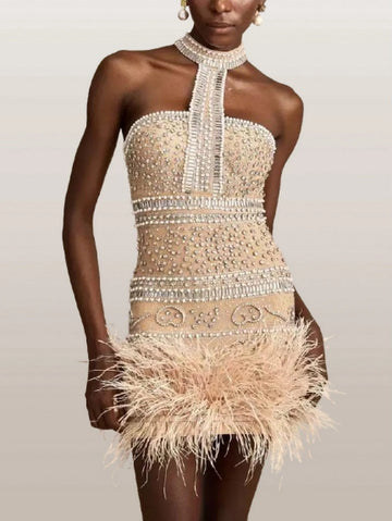 Crystal-Embellished Halter-Neck Feather-Hem Mini Dress
