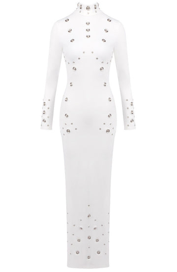 Long Sleeve Studded Maxi Dress White