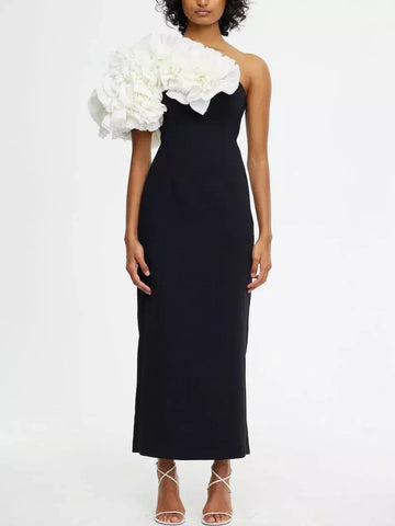 Pleated Frill Ruffle-Shoulder Midi Dress in Black and White