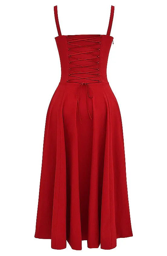 Bustier Corset A Line Midi Dress Red