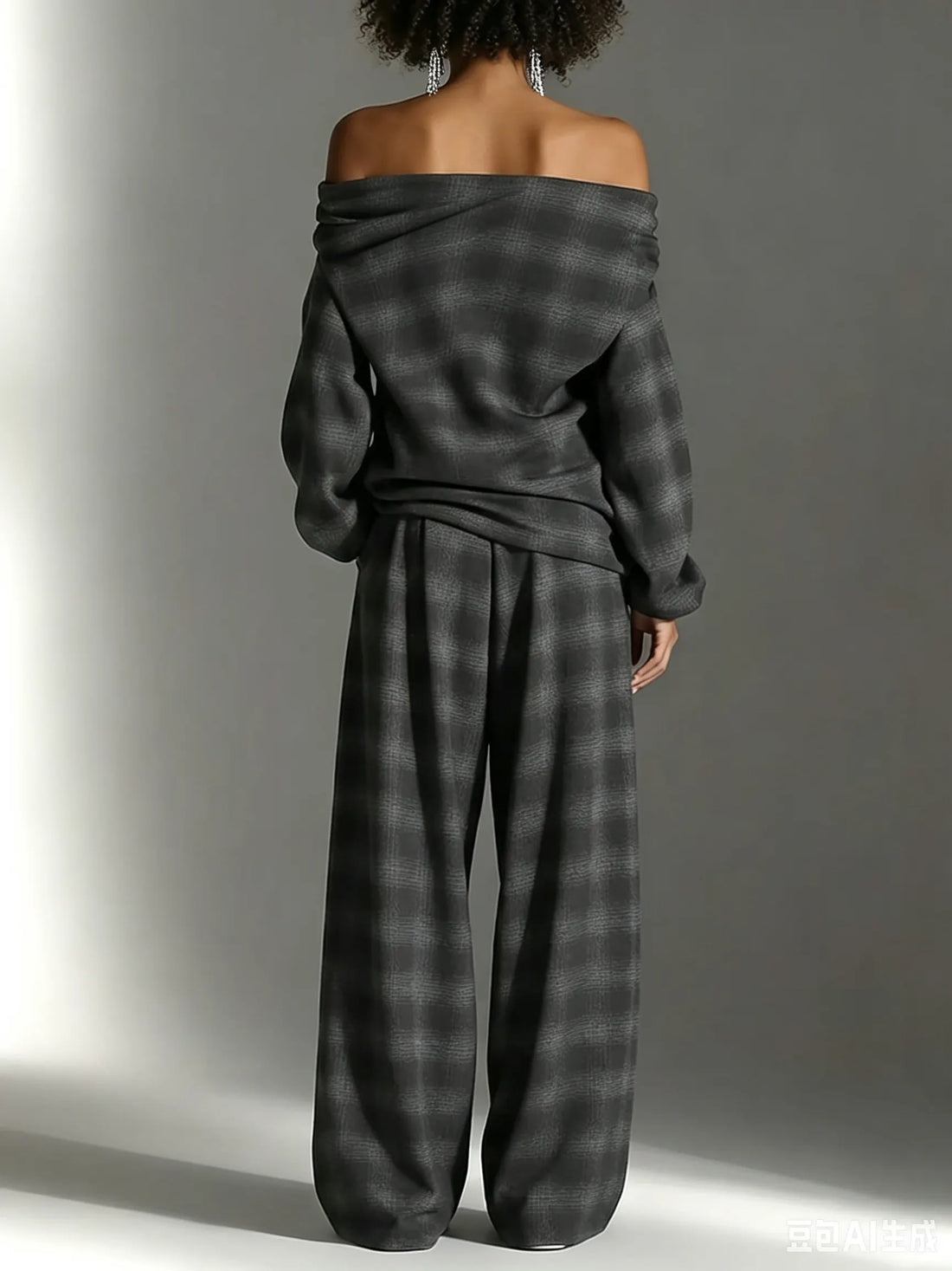 Loose Off-Shoulder Plaid Top and Pants Chic Two-Piece Set