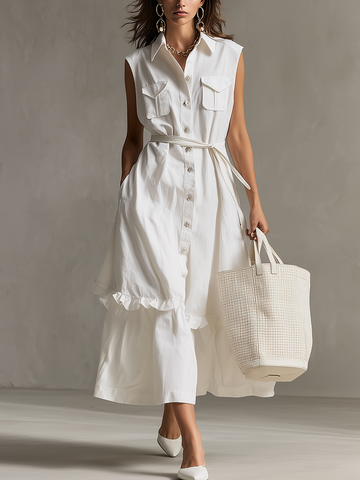Timeless White Belted Shirt Midi Dress