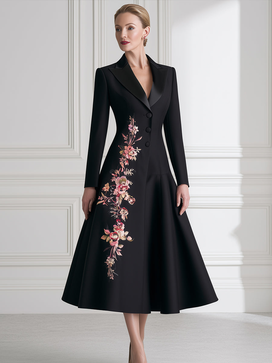 Floral Embroidered A-Line Blazer Midi Dress