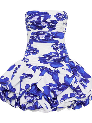 Strapless Ruched Puff Dress Floral Blue