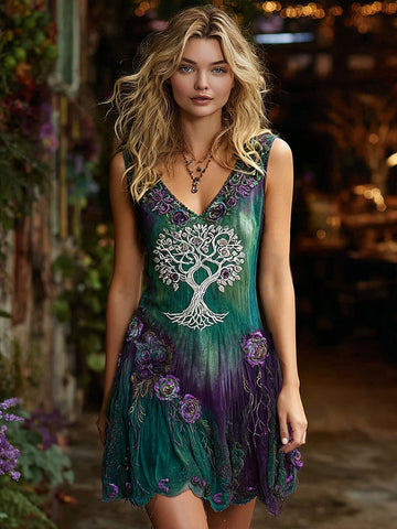 Women's Retro Viking Tree Of Life And Floral Pattern Casual Sleeveless Dress