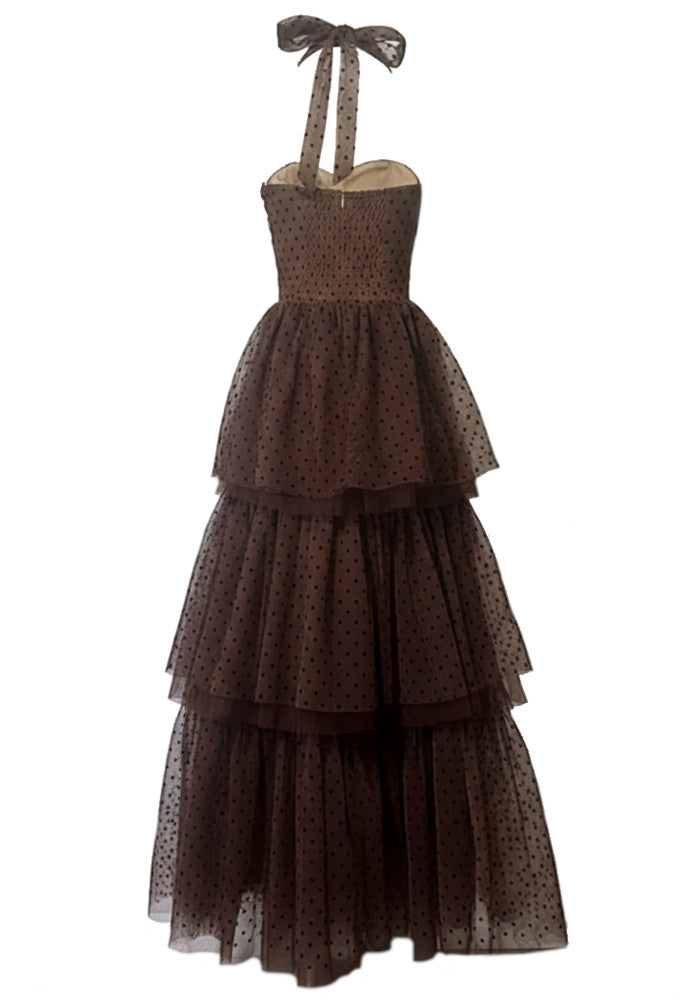 Halter Polka Dot Ruffle Maxi Dress Brown