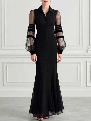 Collared Sheer Striped Mesh Puff Sleeve Fishtail Mermaid Maxi Dress