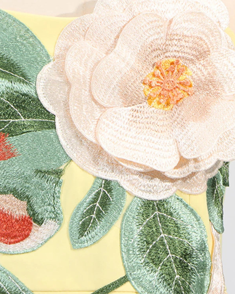 Strapless Embroidered Floral Dress Yellow