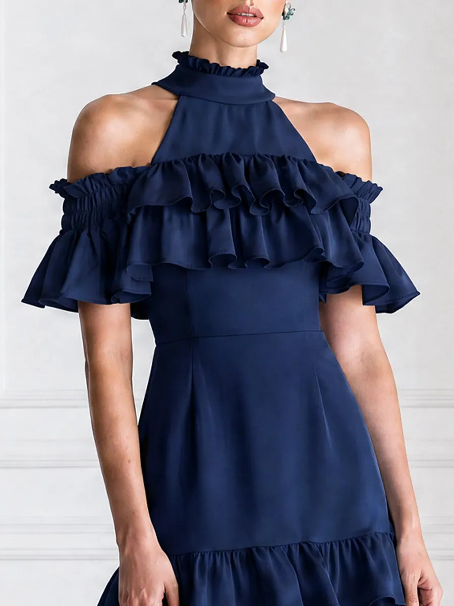Elegant Cold Shoulder Smocked Ruffle Layered Cake Midi Dress