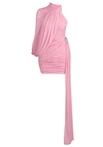 One Sleeve Draped Dress Pink