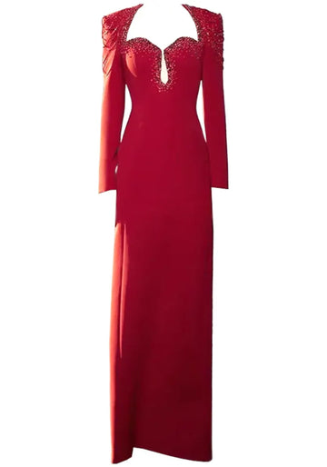 Long Sleeve Embellished Shoulders Maxi Dress Red