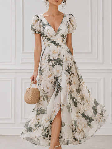 Floral Puff Sleeve Wrap Maxi Dress