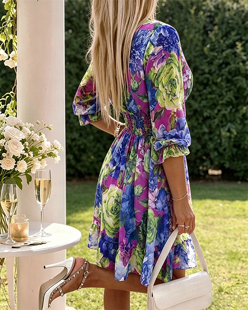 Floral Print Overlap V Neck Long Sleeve Shirred Waist Ruffle Hem Dress Casual Cinched Waist Flared Cuffs Chiffon Vacation Dress with Lining