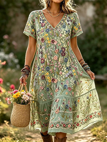 Women's Vintage Romantic Floral Art Linen Blend Maxi Dress