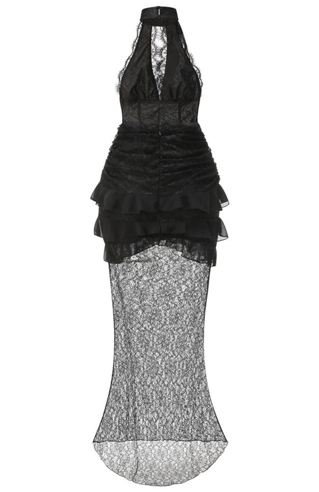Halter Ruffle Lace Maxi Dress Black