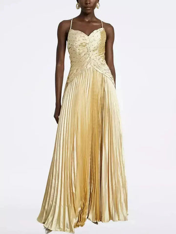 Embellished Gold Pleated Gown with Back Lace-Up Detail