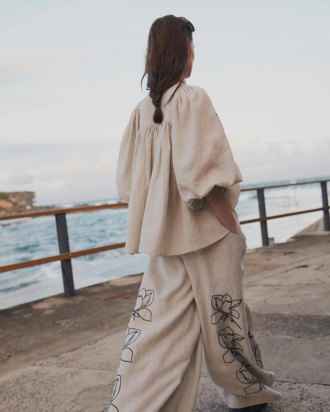 Fashion Puff sleeve Cotton and linen Shirt and Pants