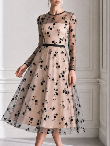 Elegant Black Floral Flocked Tulle A Line Cocktail Midi Dress