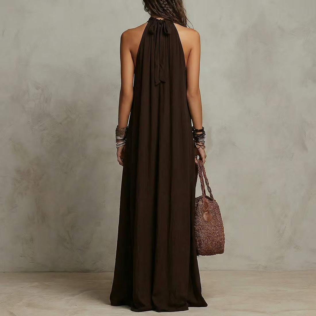 Dark Brown Halter Neck Minimalist Long Dress