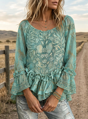 Vintage Art Print Casual Ruffle Shirt