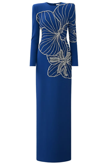 Long Sleeve Crystal Floral Embellished Maxi Dress Blue