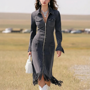 Women's Vintage Elegant Denim Tassel Dress