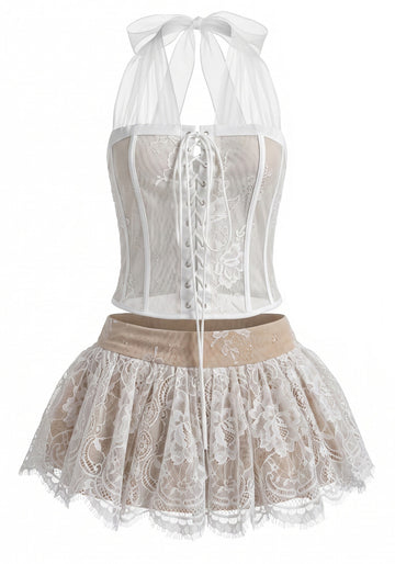 Halter Lace Corset Two Piece Dress White
