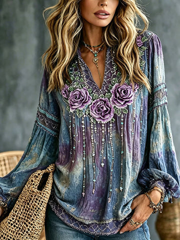 Women's Romantic Floral Art Linen Blend V Neck Long Sleeve Tops