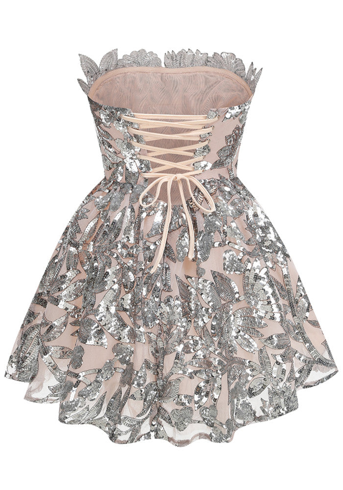 Strapless Floral Sequin A Line Corset Dress Silver