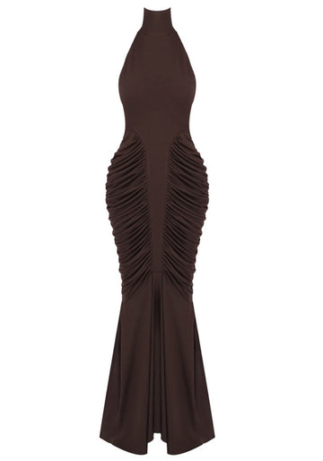 Halter Draped Backless Maxi Dress Brown