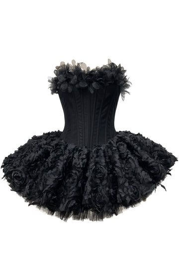Strapless Petal Floral Corset A Line Dress Black