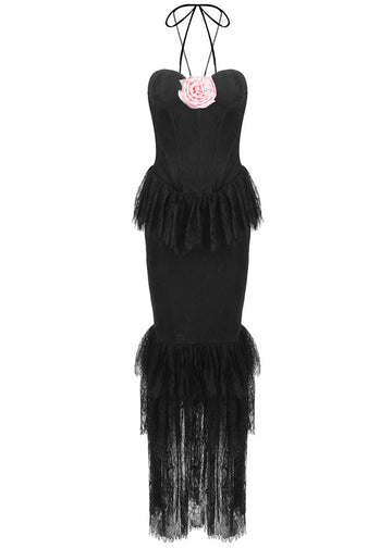 Halter Floral Lace Ruffle Maxi Dress Black