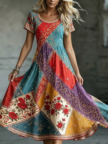 Women's Retro Bohemian Floral Color-blocked Casual Round Neck Dress
