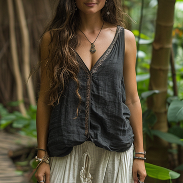 Simple V-neck Sleeveless Shirt, Comfortable And Breathable Linen Top