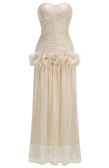 Strapless Draped Ruffle Maxi Dress Ivory