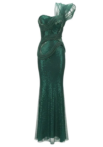 One Shoulder Sparkly Maxi Dress Green