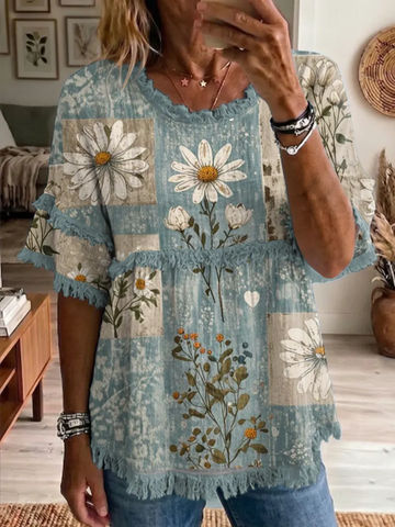 Ethnicity Bohemian Style Flowers Women's Art Casual Round Neck Linen T-shirt
