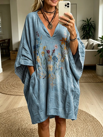 Women's Retro-Textured Floral Art Print Batwing Sleeve Dress — Casual & Stylish