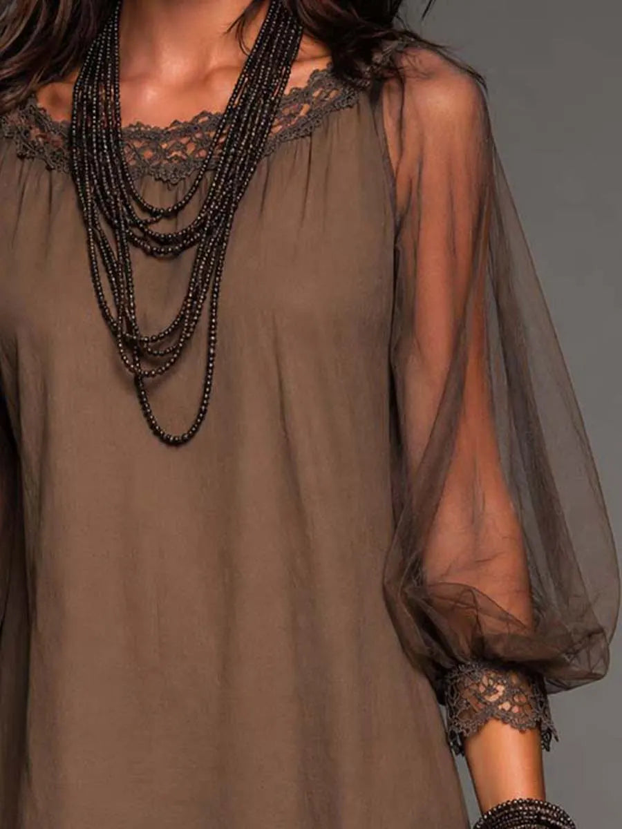 Boho Floral Cut-out Lace Mini Dress with Sheer Puff Sleeves