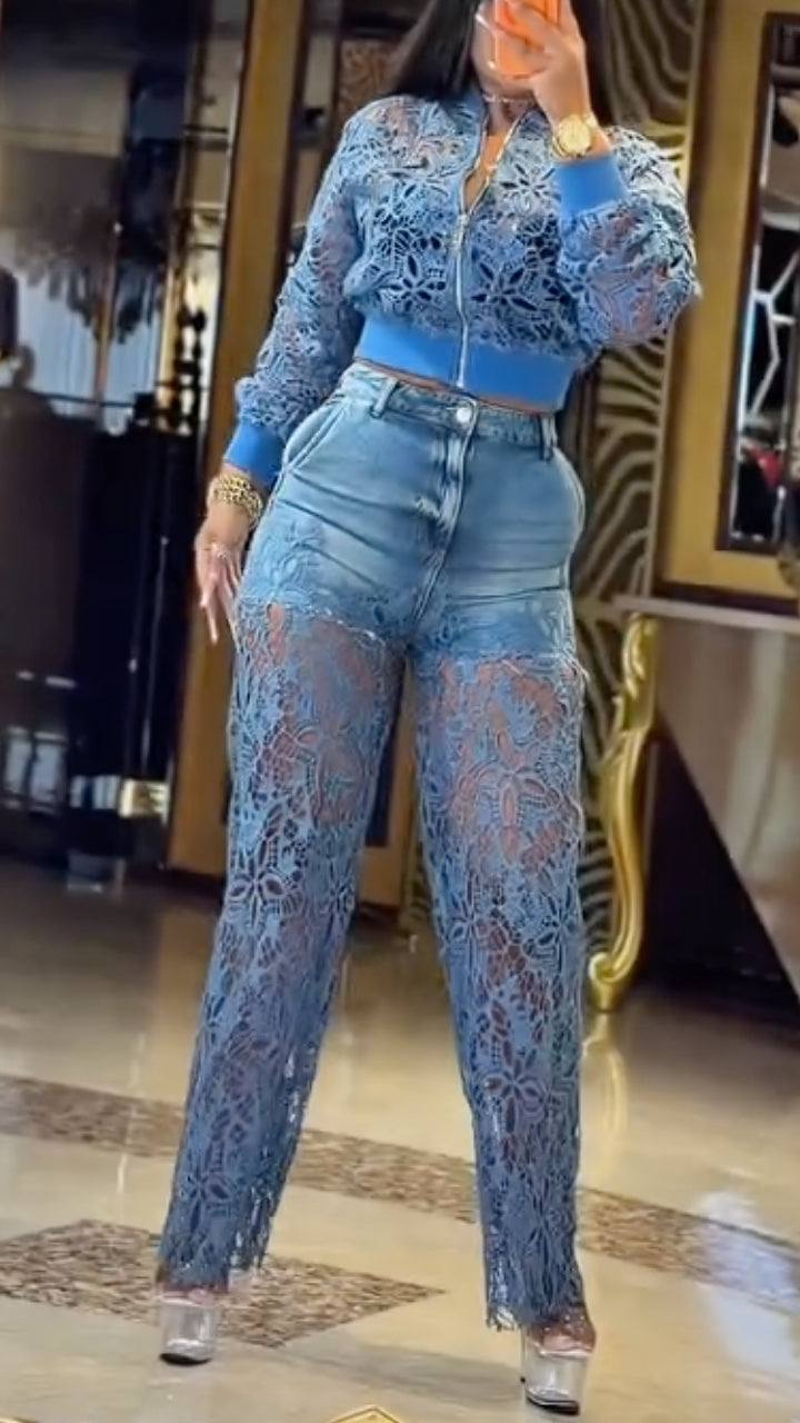 Women's Cut-out Lace Zip-up Top & Lace-Paneled Jeans Set