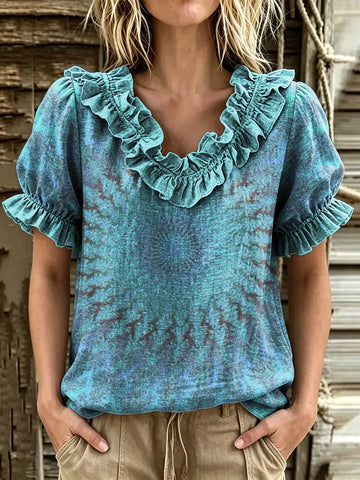 Women's Tie Dye Gradient Print Ruffle V-Neck Puff Sleeve Top