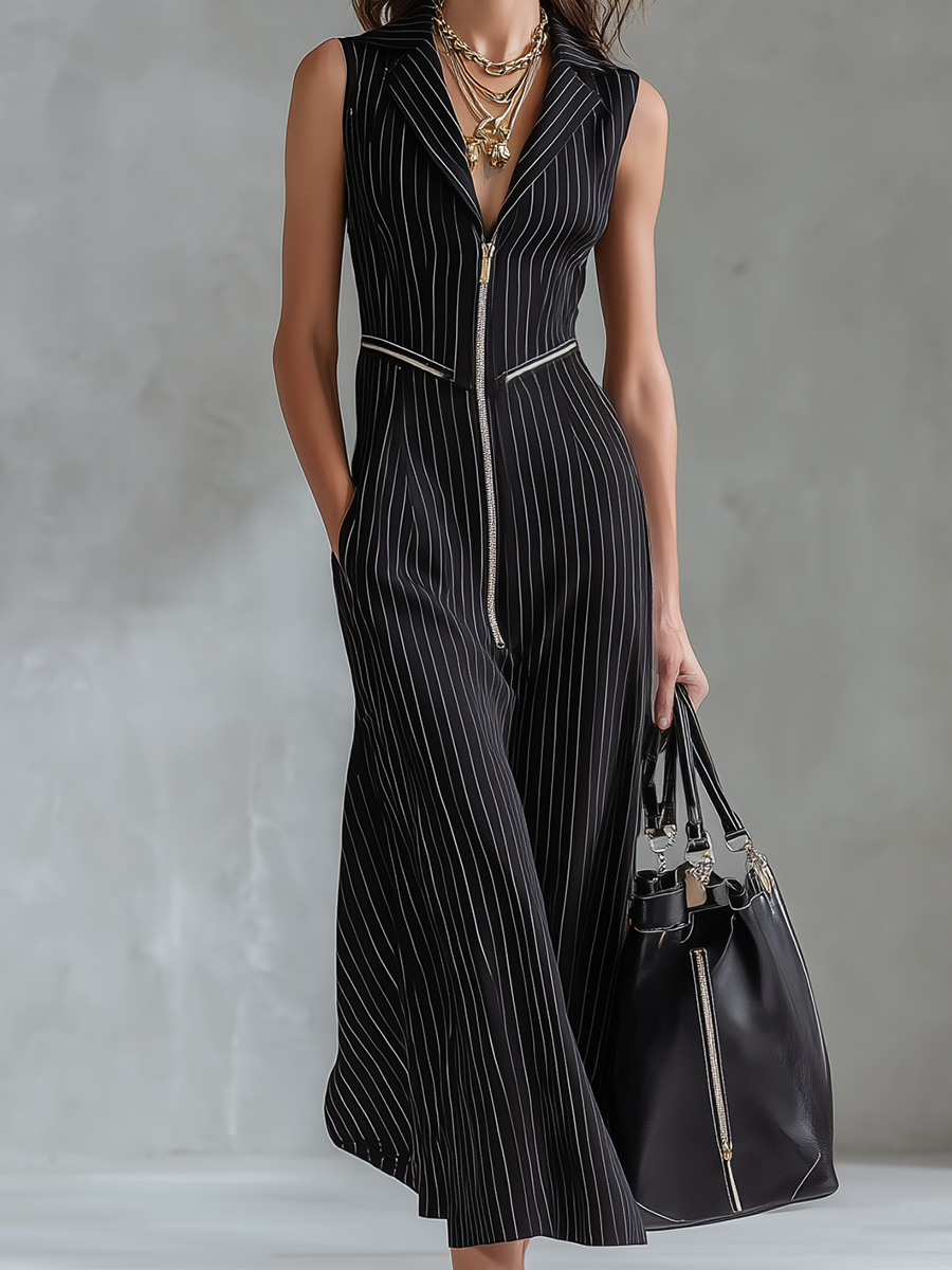 Sleek Black Pinstripe Zip-Front Midi Dress