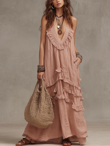 Romantic Bohemian Ruffled Layered Maxi Dress In Blush Pink