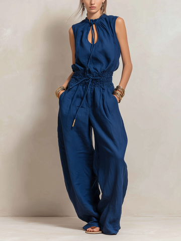 Women's Elegant Dark Blue Cotton-Linen Sleeveless Jumpsuit With Round Neck MDZ2068C2AN