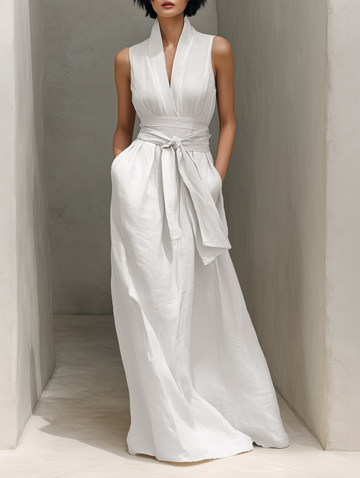 Women's Minimalist Cotton And Linen Blend V-neck Belted Sleeveless Maxi Dress MDZ0803A4Y