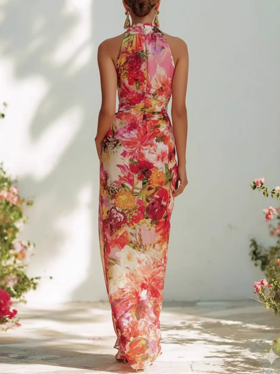 Elegant Floral Halter-neck Sleeveless Chiffon Dress