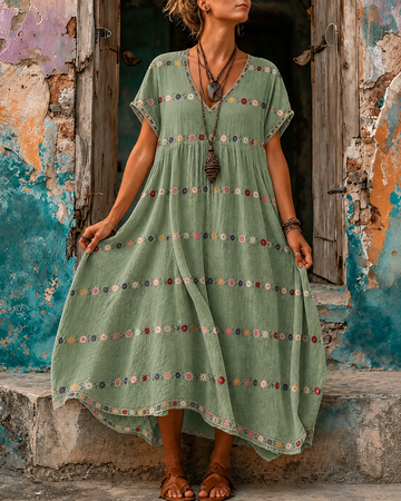 Women's Vacation Linen Boho Floral Print V-Neck Short Sleeve Maxi Dress
