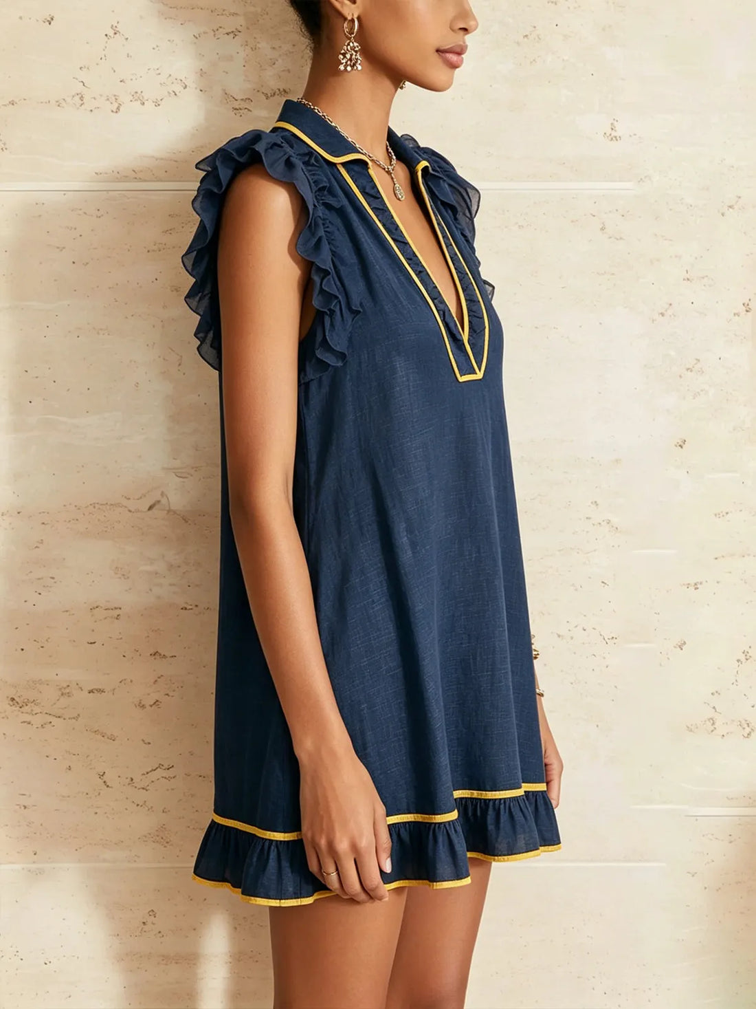 Navy Blue And Yellow Trim Ruffled Loose Mini Dress
