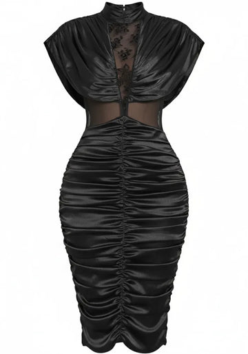 Draped Lace Insert Midi Dress Black
