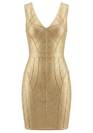 Woodgrain Foil Print Structured Dress Gold